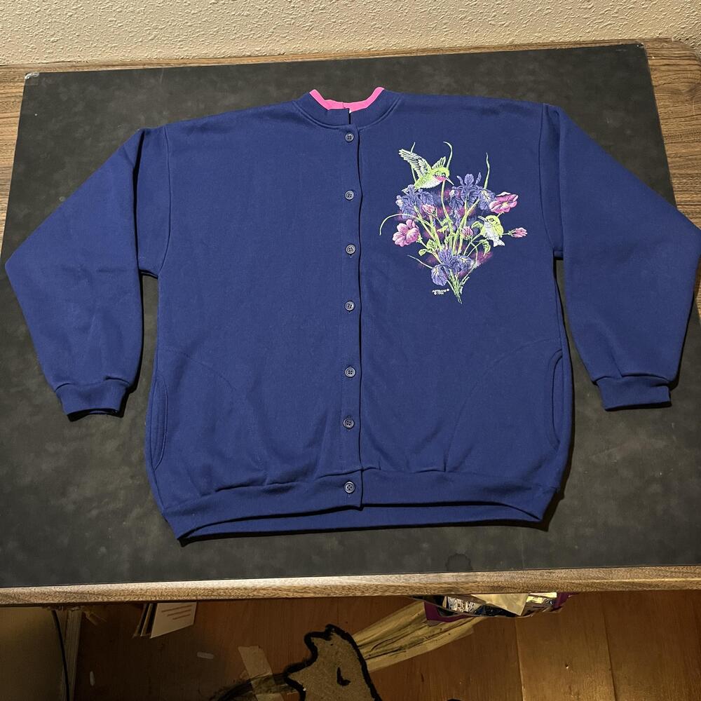 Vintage Artisans Sweatshirt Hummingbird Womens Cardigan Nature 80s Made USA 90s